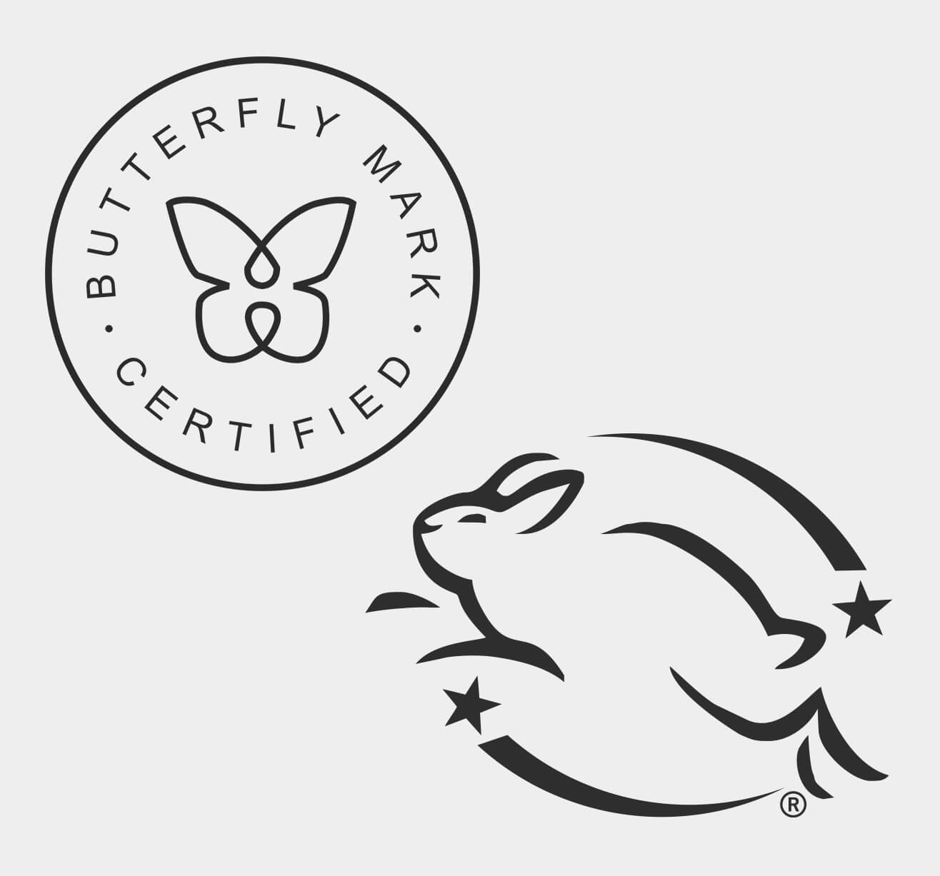 Logos; Butterfly Mark Certified, and Leaping Bunny Cruelty-Free