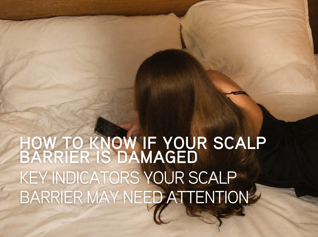 Woman with long brown hair lying face-down on white bedding, illustrating an Iles Formula guide on how to know if your scalp barrier is damaged and the key indicators your scalp barrier needs attention.
