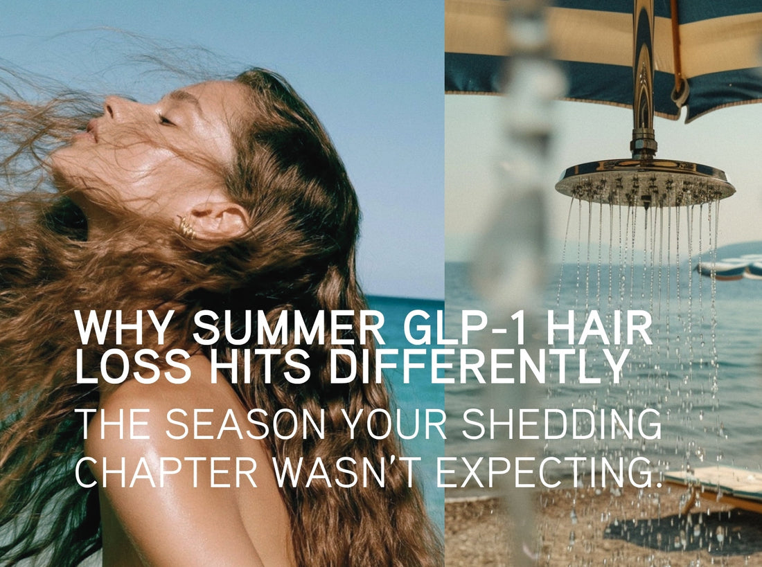 Woman with long voluminous hair by the ocean next to a beach shower, cover image for an article on summer GLP-1 hair loss and seasonal shedding