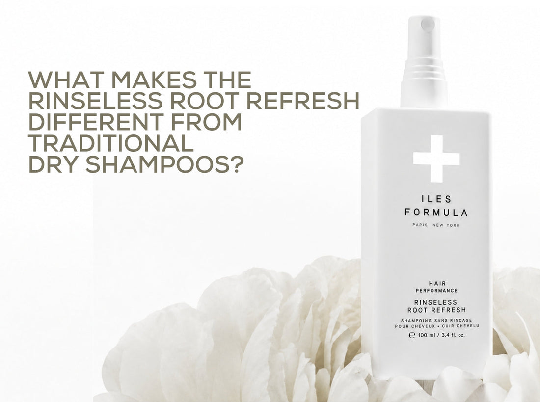 Iles Formula Rinseless Root Refresh rinseless shampoo spray, 100 ml, on white peony petals — blog cover on how it differs from dry shampoo