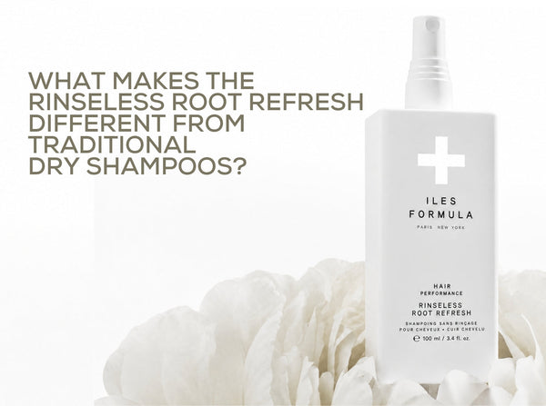 Iles Formula Rinseless Root Refresh rinseless shampoo spray, 100 ml, on white peony petals — blog cover on how it differs from dry shampoo