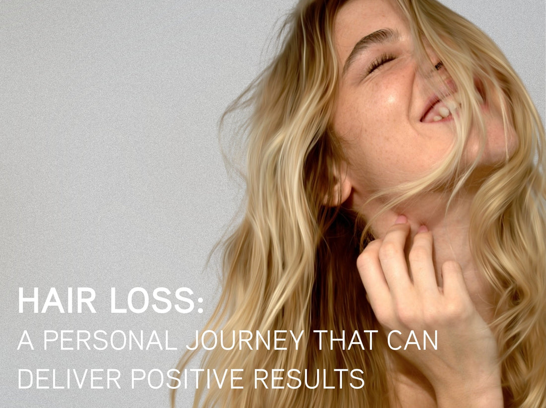 Smiling woman with long blonde hair next to text about hair loss as a personal journey with positive results.