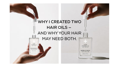 **SEO-optimized alt text:** Iles Formula Vitamin Treatment Oil and Invisible Styling Oil in clear glass dropper bottles, highlighting two luxury hair oils for nourishing, smoothing, shine, frizz control and lightweight hair styling.