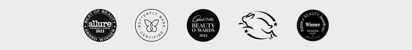 Allure Best of Beauty Award Winner 2023, Butterfly Mark Certified, Oprah Daily Beauty O'Wards 2023, Cruelty-Free Leaping Bunny logo, and Future of Beauty Awards 2024 Winner