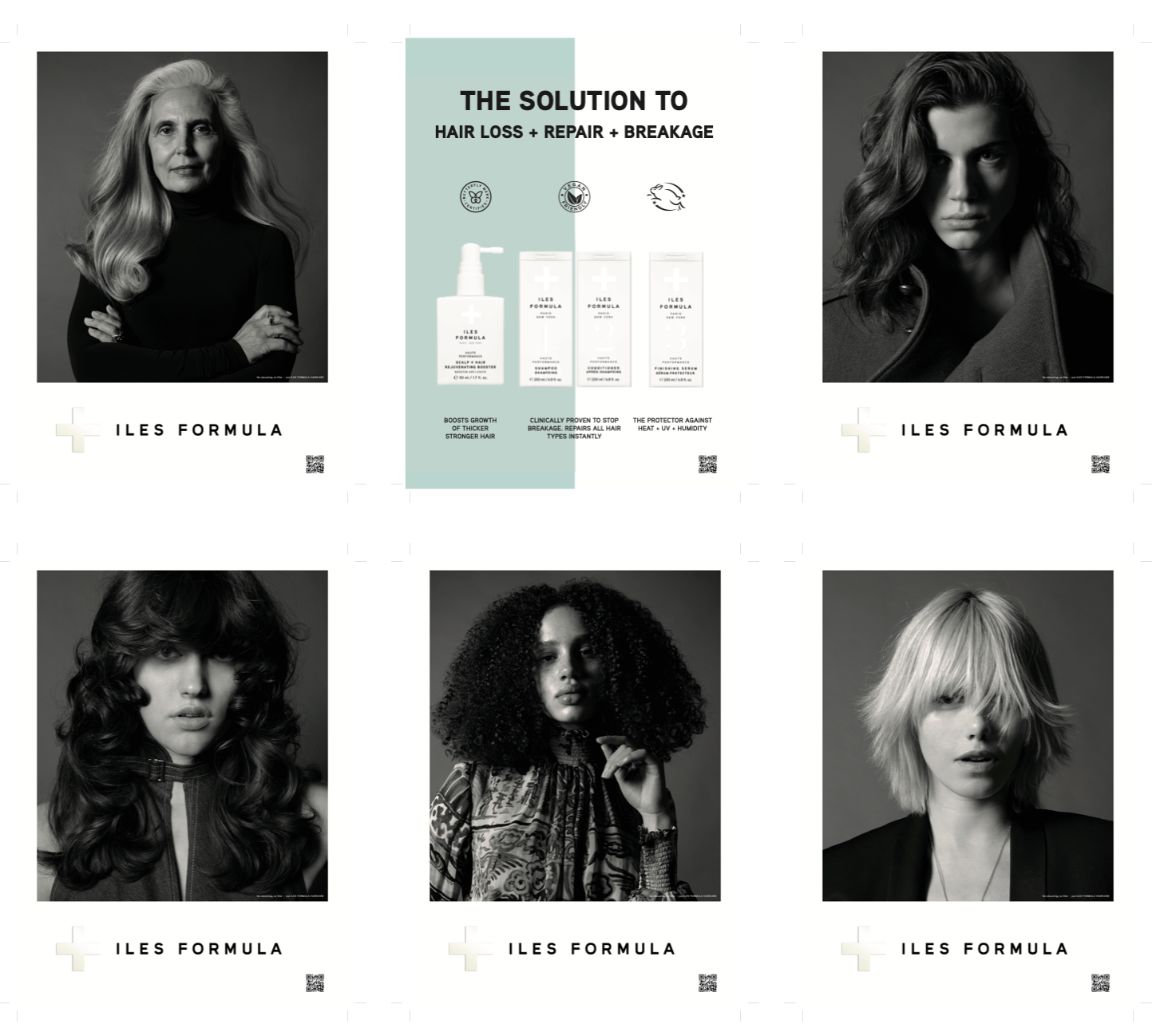 A collection of easel shelf cards displaying before and after images of hair, with the text 'The Solution to Hair Loss & Breakage' and the brand name 'Iles Formula'.