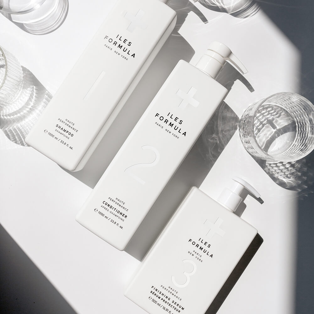 Signature Collection - Family Size Flat Lay with Drinking Glasses; Shampoo 1000ml, Conditioner 1000ml, and Finishing Serum 500ml