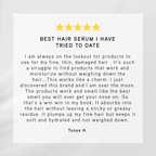 Five-star product review for a hair serum on a white background