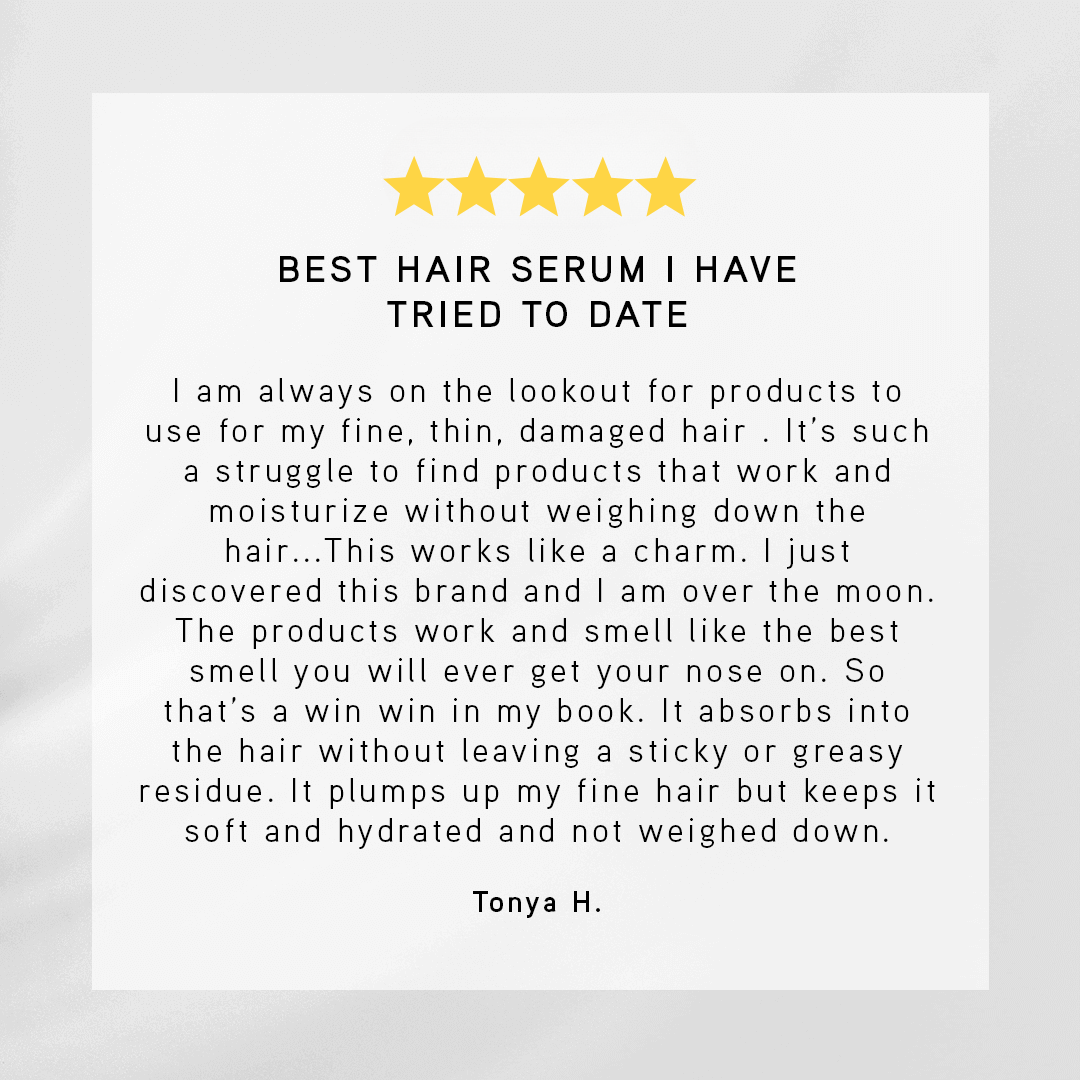 Five-star product review for a hair serum on a white background