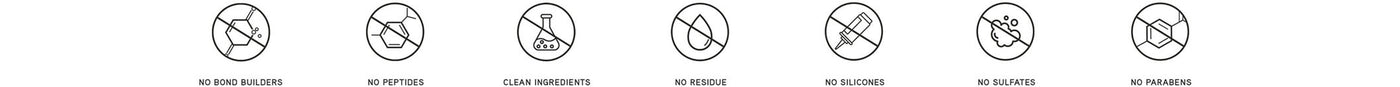 Icons; No Bond Builders, No Peptides, Clean Ingredients, No Residue, No Silicones, No Sulfates, and No Parabens