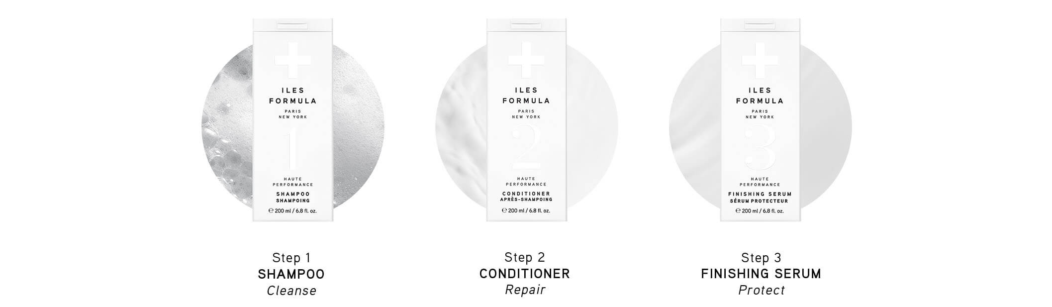 Step 1: Shampoo, Step 2: Conditioner, and Step 3: Finishing Serum