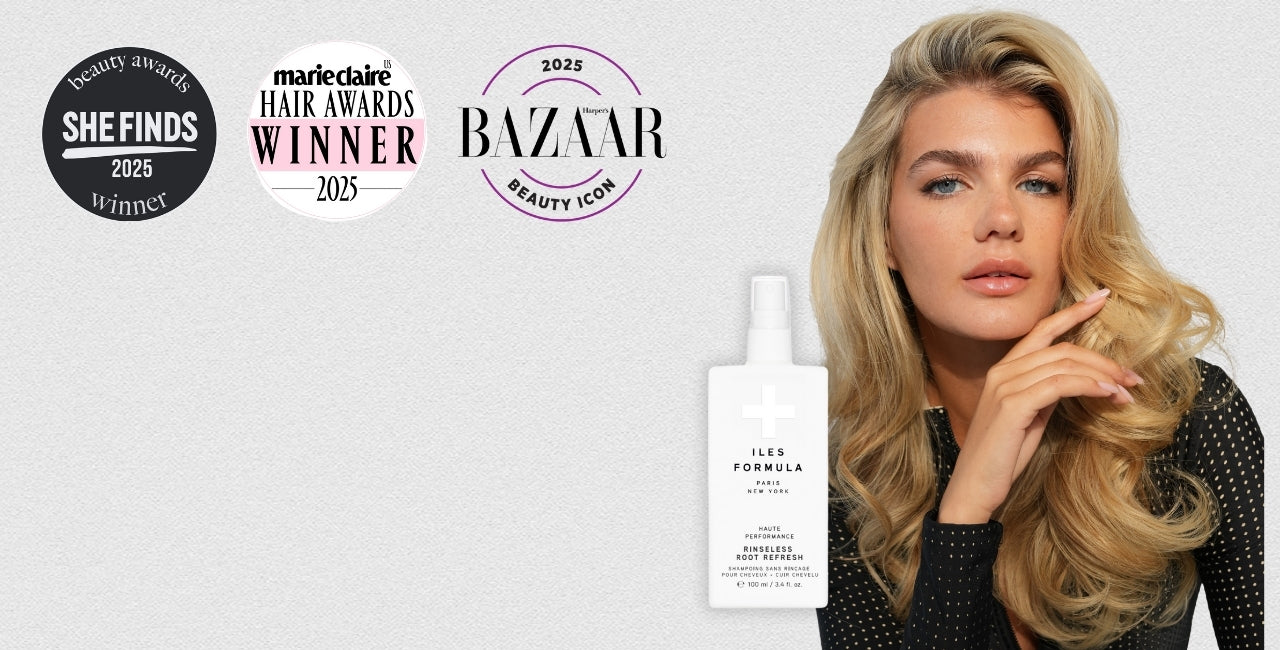 Rinseless root refresh banner with blonde lady and awards