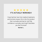 Five-star review for a hair loss product with a positive feedback statement on a gray background.