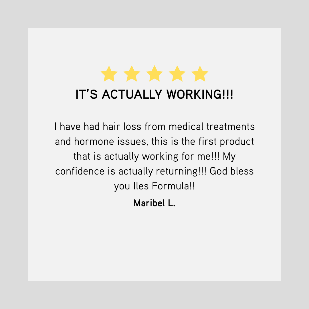 Five-star review for a hair loss product with a positive feedback statement on a gray background.