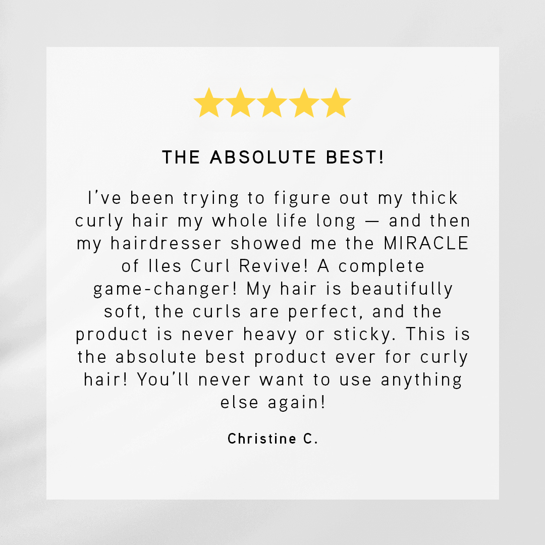 Five-star product review for a hair care product with a white background
