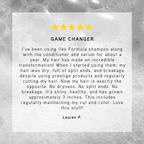 Five-star review for Iles Formula shampoo on a textured gray background