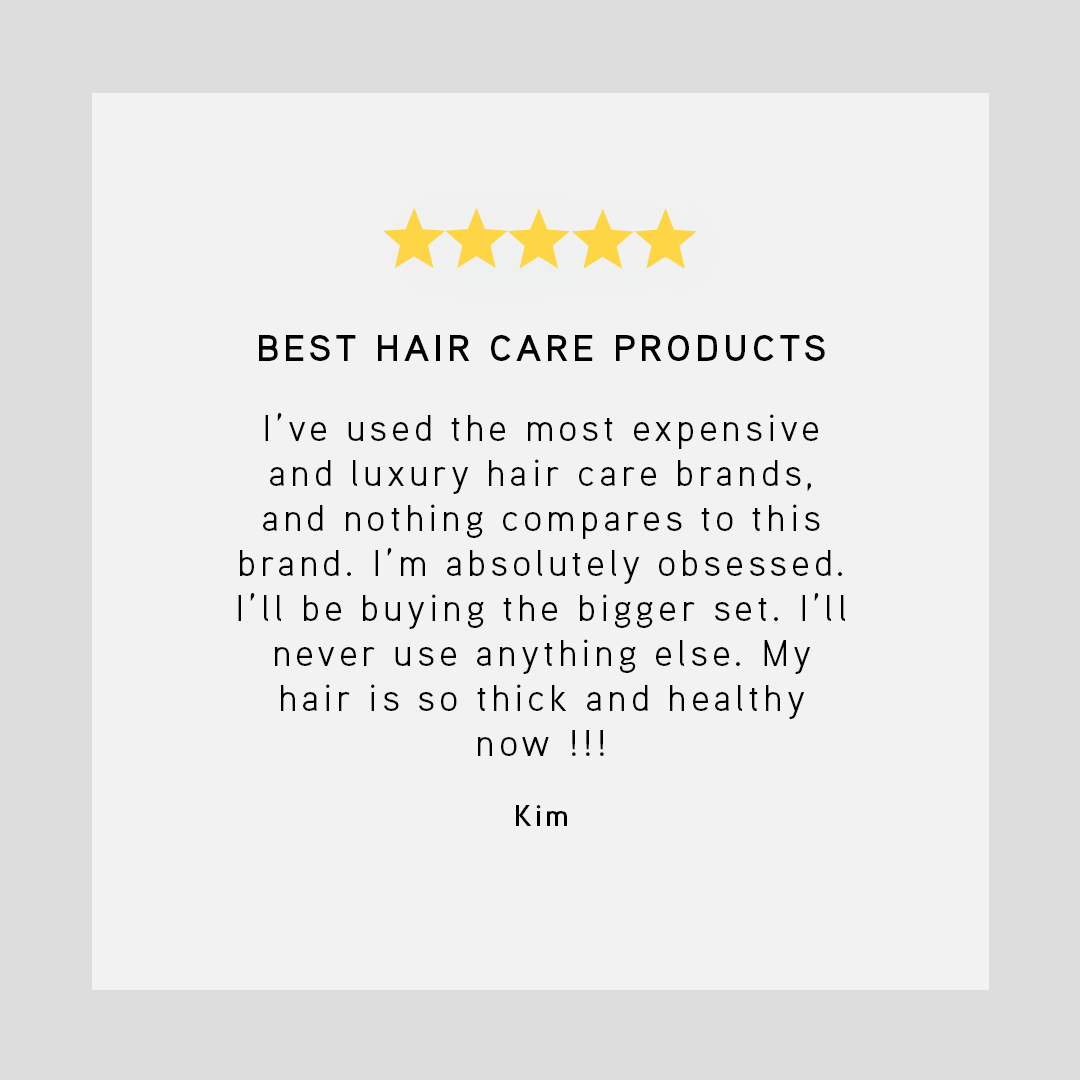 Five-star rating text for hair care products with a gray background